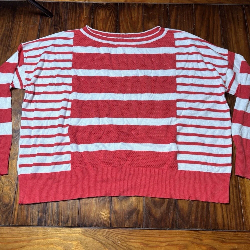 Planet By Lauren G Red White Stripe Pullover Sweater One Size Pima Cotton A1919